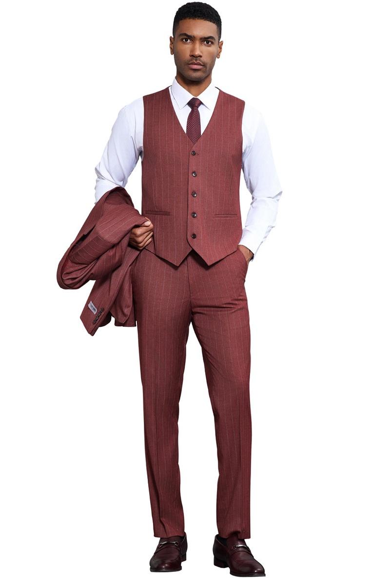 Men’s Stacy Adams One Button Peak Lapel Vested Suit in Burgundy Pinstripe