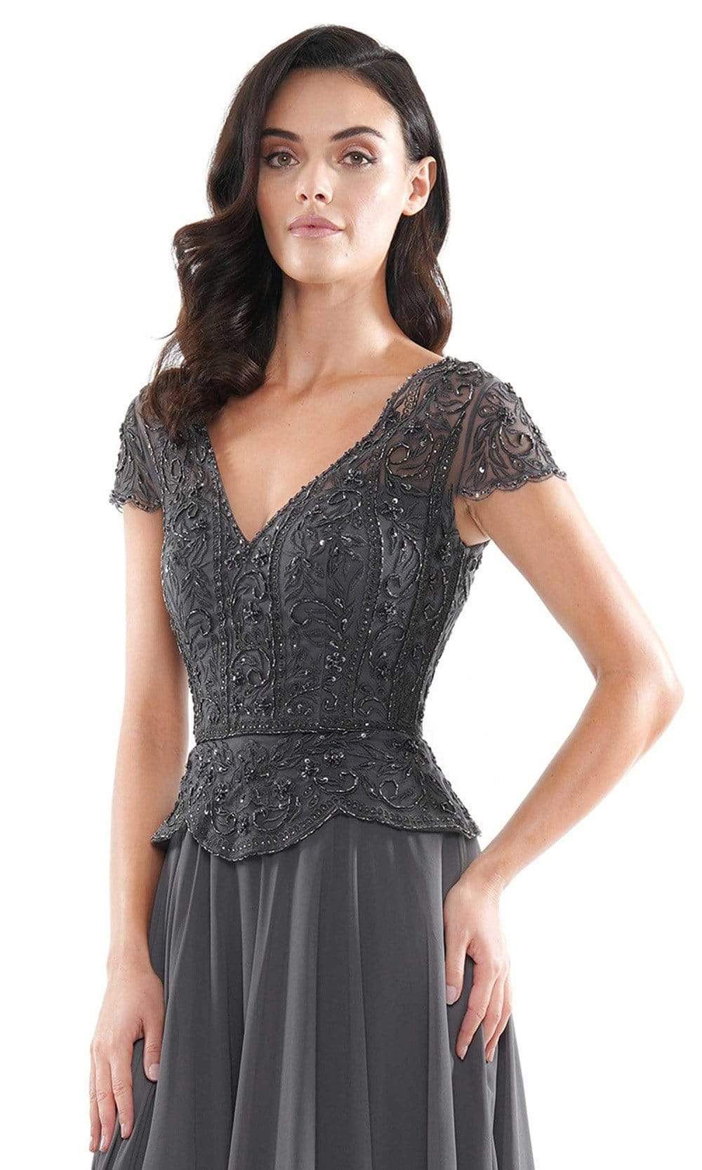 M243 Short Sleeve Embroidered Peplum Chiffon Gown