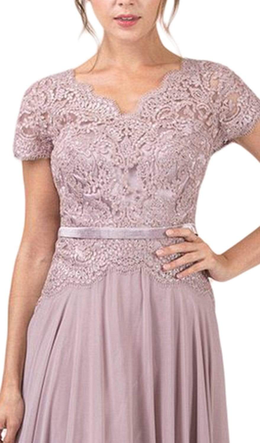 5909 Short Sleeve Lace Bodice Scalloped Peplum Dress