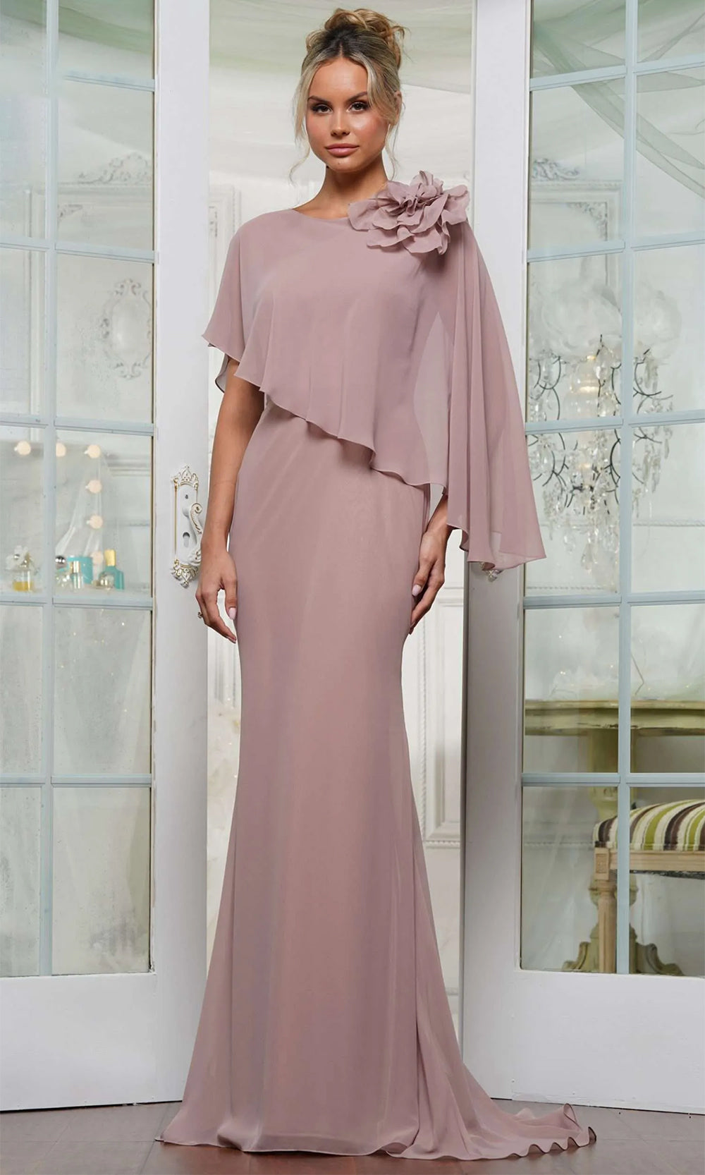 Applique Cape Evening Gown