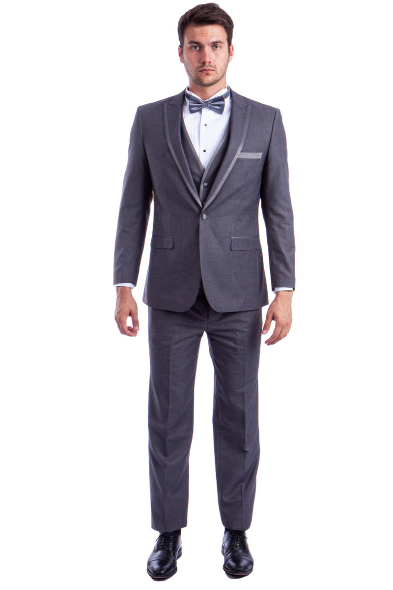 Men’s One Button Peak Wedding Tuxedo with Satin Trim in Grey