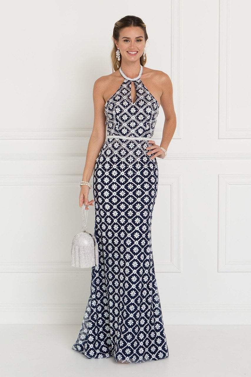 GL1548 Beaded Halter Tulle Sheath Dress