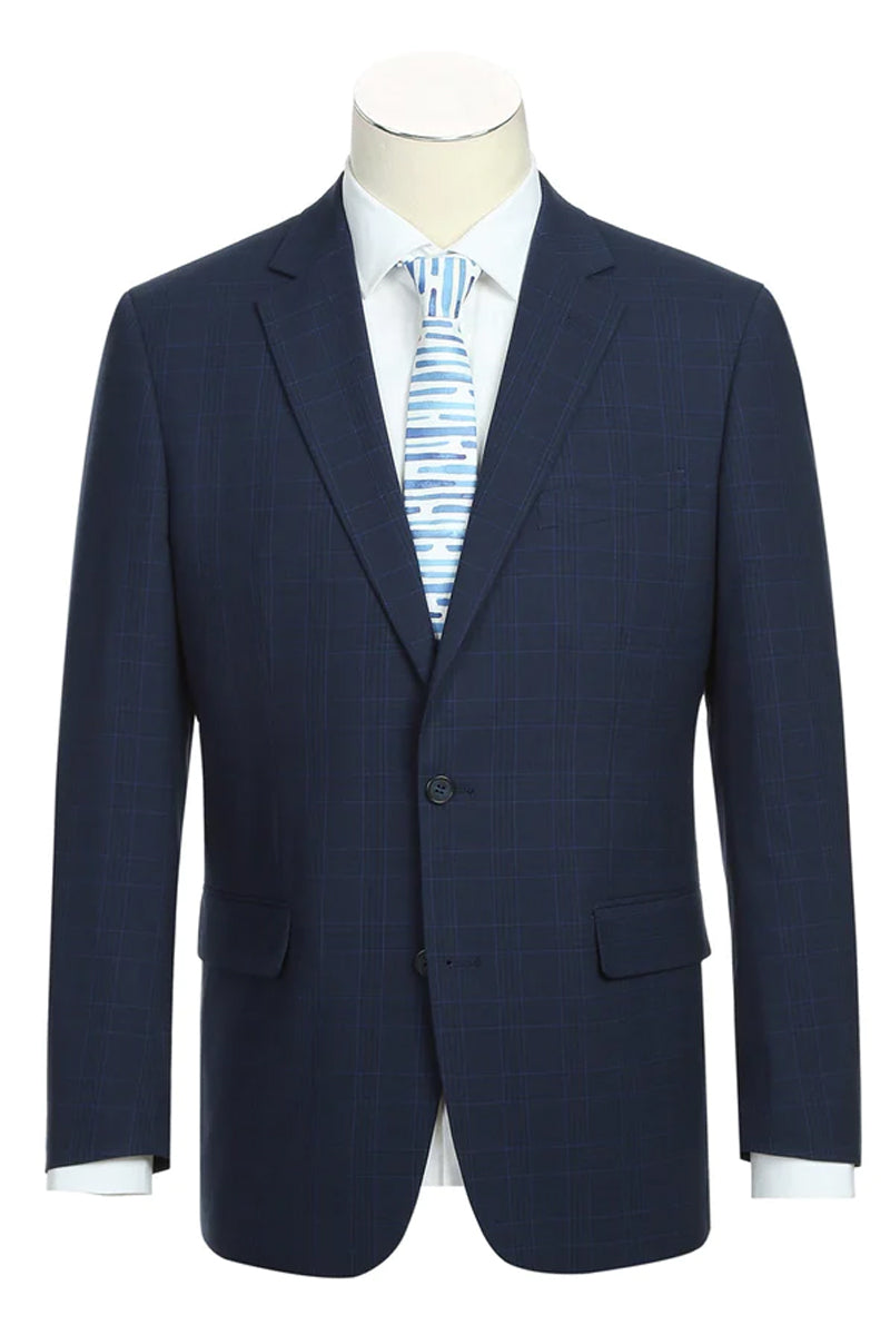 Mens Classic Fit Two Button Suit in Dark Blue Windowpane Plaid Check