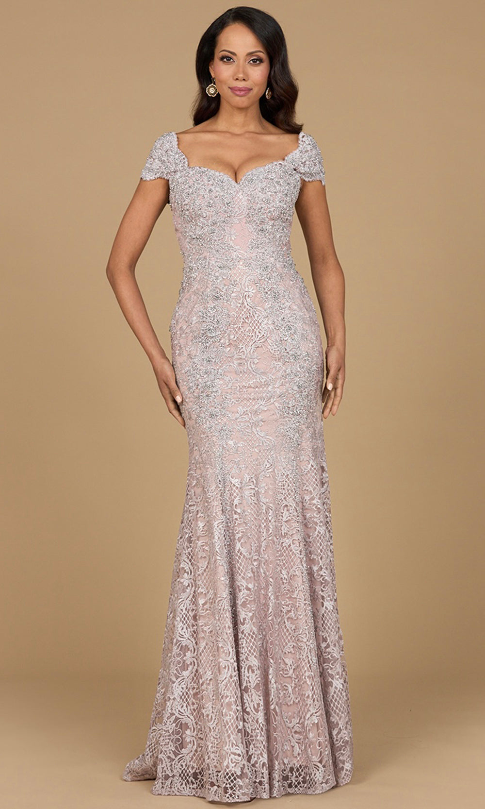 Cap Sleeve Beaded Lace Formal Dress