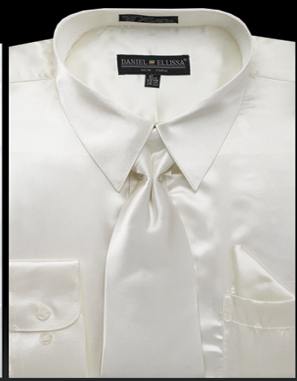 Men’s Regular Fit Shiny Satin Dress Shirt, Tie & Pocket Square Set in Ivory