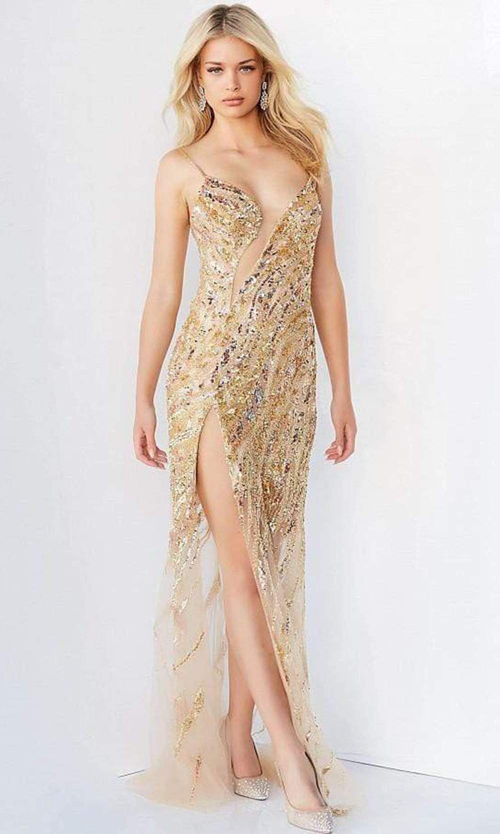 04195 Bejeweled Slit Cut Out Long Gown