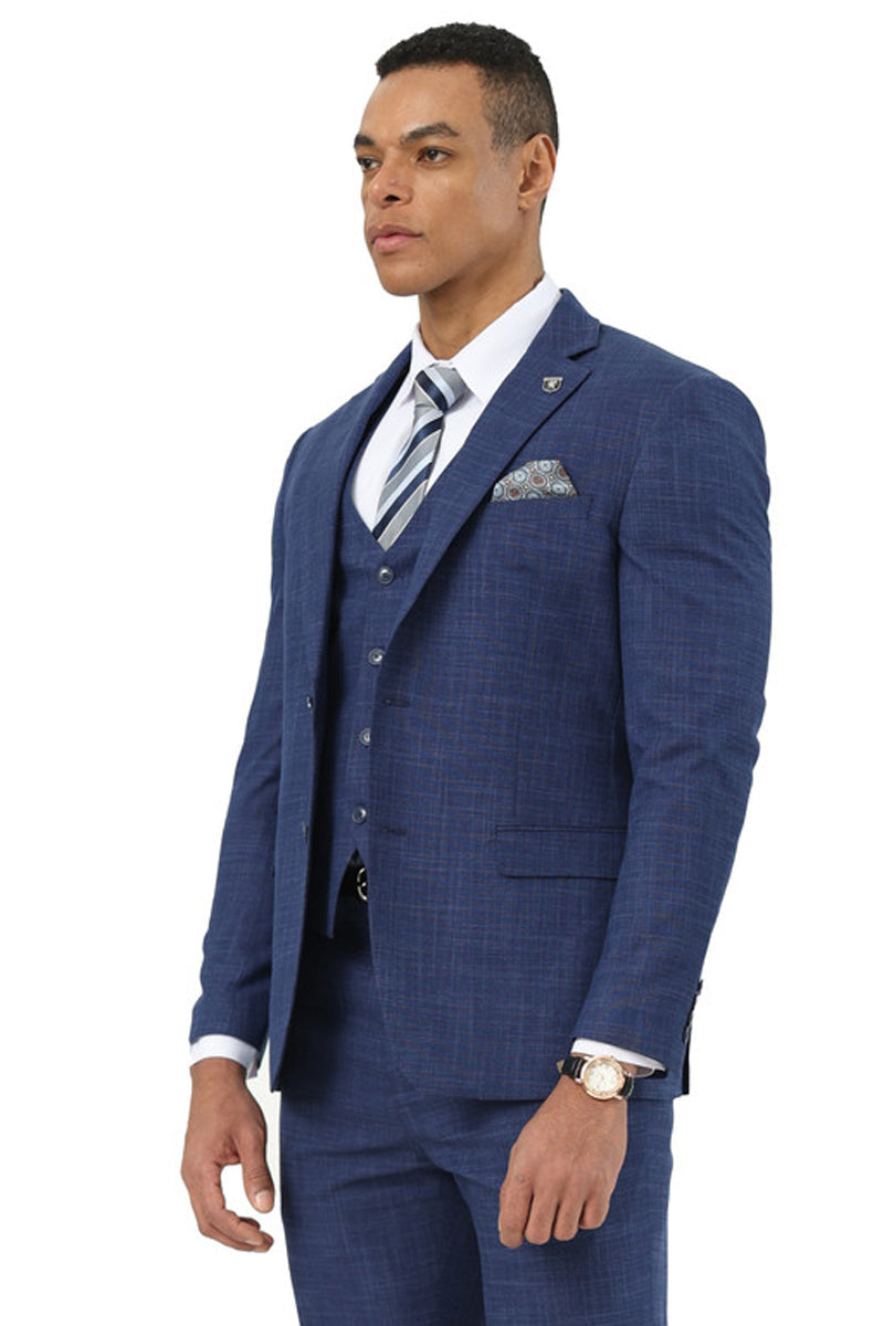 Men’s Designer Stacy Adams Vested Suit in Indigo Blue Sharkskin Weave
