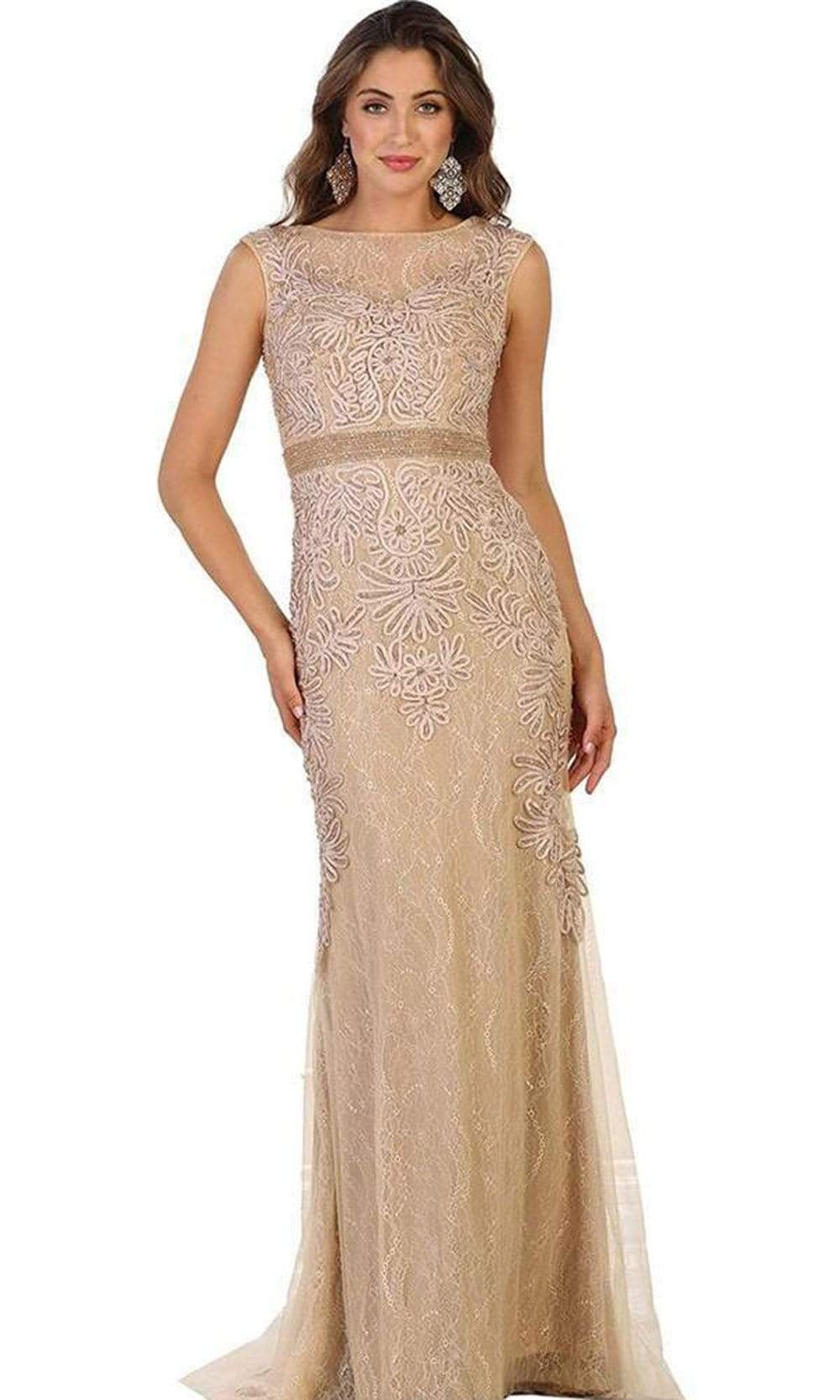 Beaded Illusion Bateau Sheath Evening Gown RQ7524