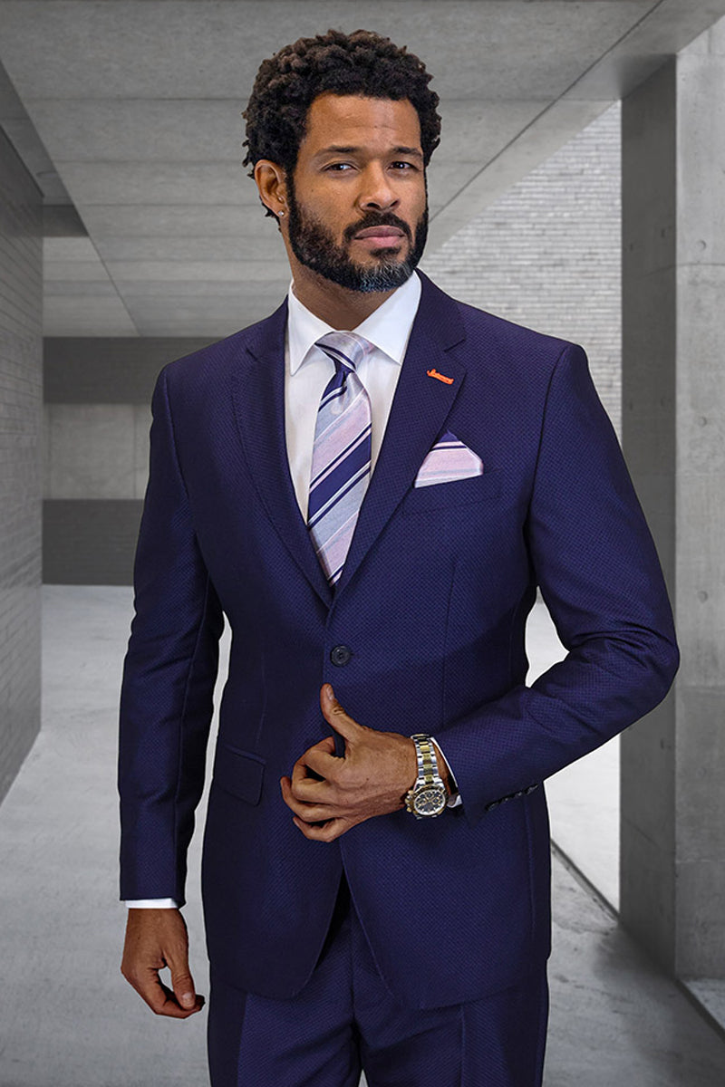 Men’s Designer Modern Fit Super 200’s Textured Wool Suit in Navy Blue