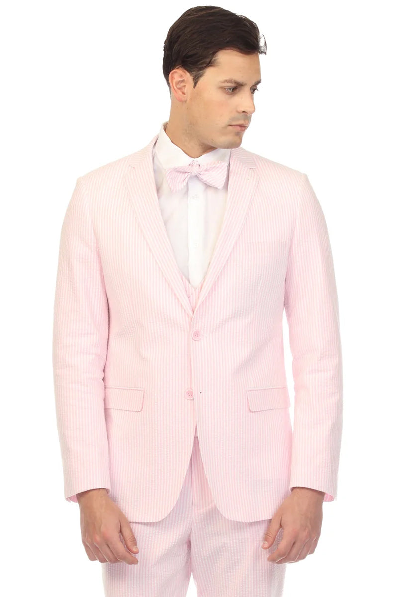 Men’s 2PC Summer Seersucker Modern Fit Suit in Pink Pinstripe