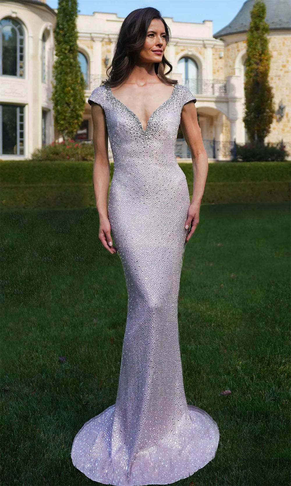 Beaded Cap Sleeve Evening Dress