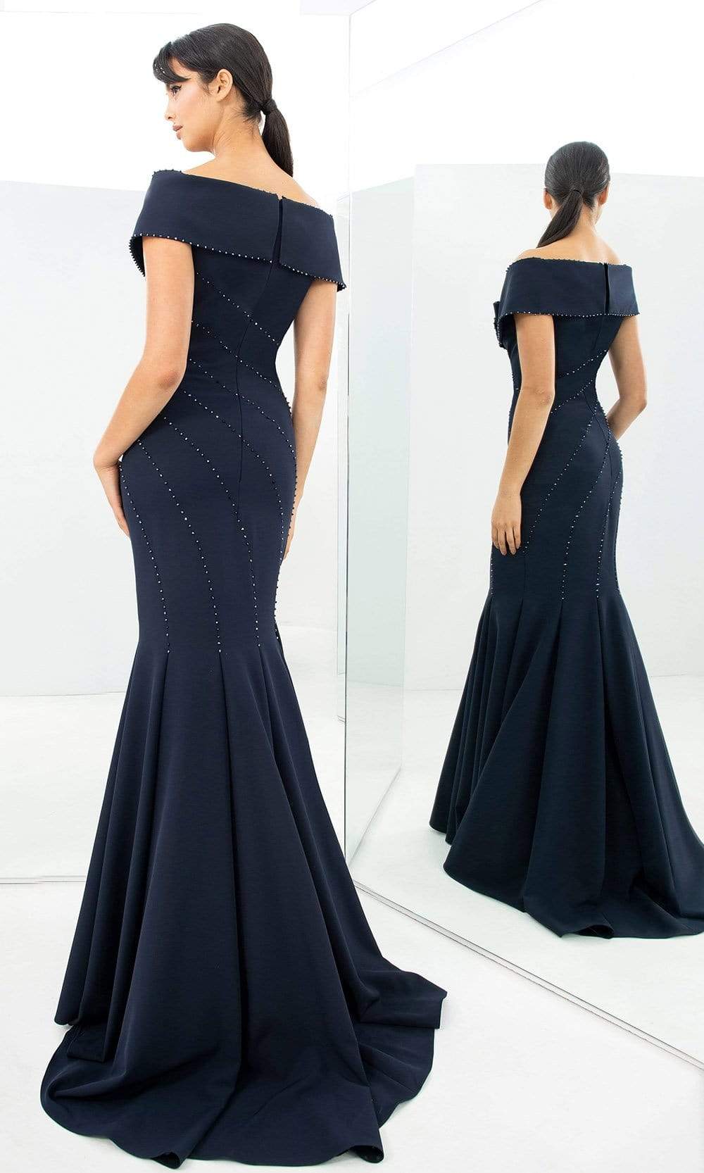 1359 Off Shoulder Jersey Trumpet Gown