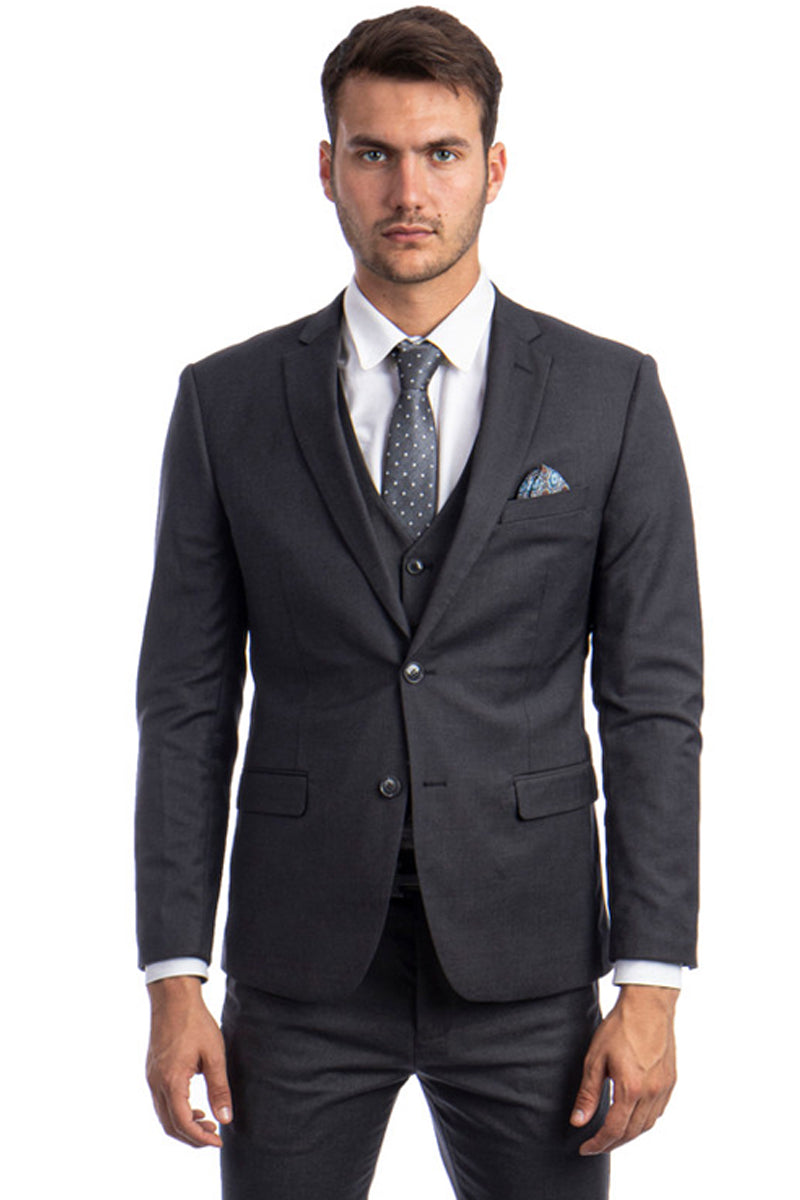 Men’s Two Button Slim Fit Vested Solid Basic Color Suit in Charcoal Grey