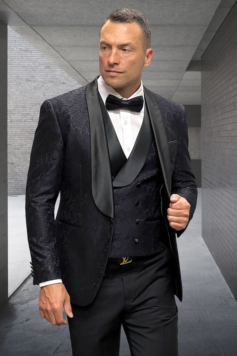 Men’s Designer Vested Floral Lace Wedding Tuxedo in Black