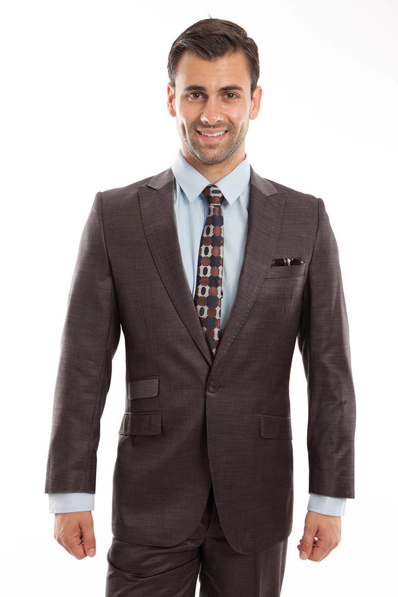 Men’s One Button Peak Lapel Slim Fit Sharkskin Suit with Ticket Pocket in Brown
