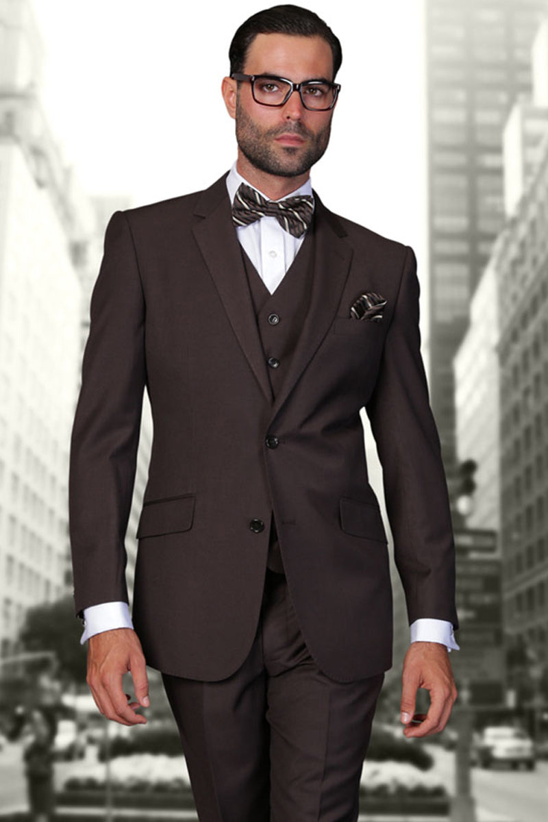 Men’s Designer Vested Modern Fit Wool Business & Wedding Suit in Brown
