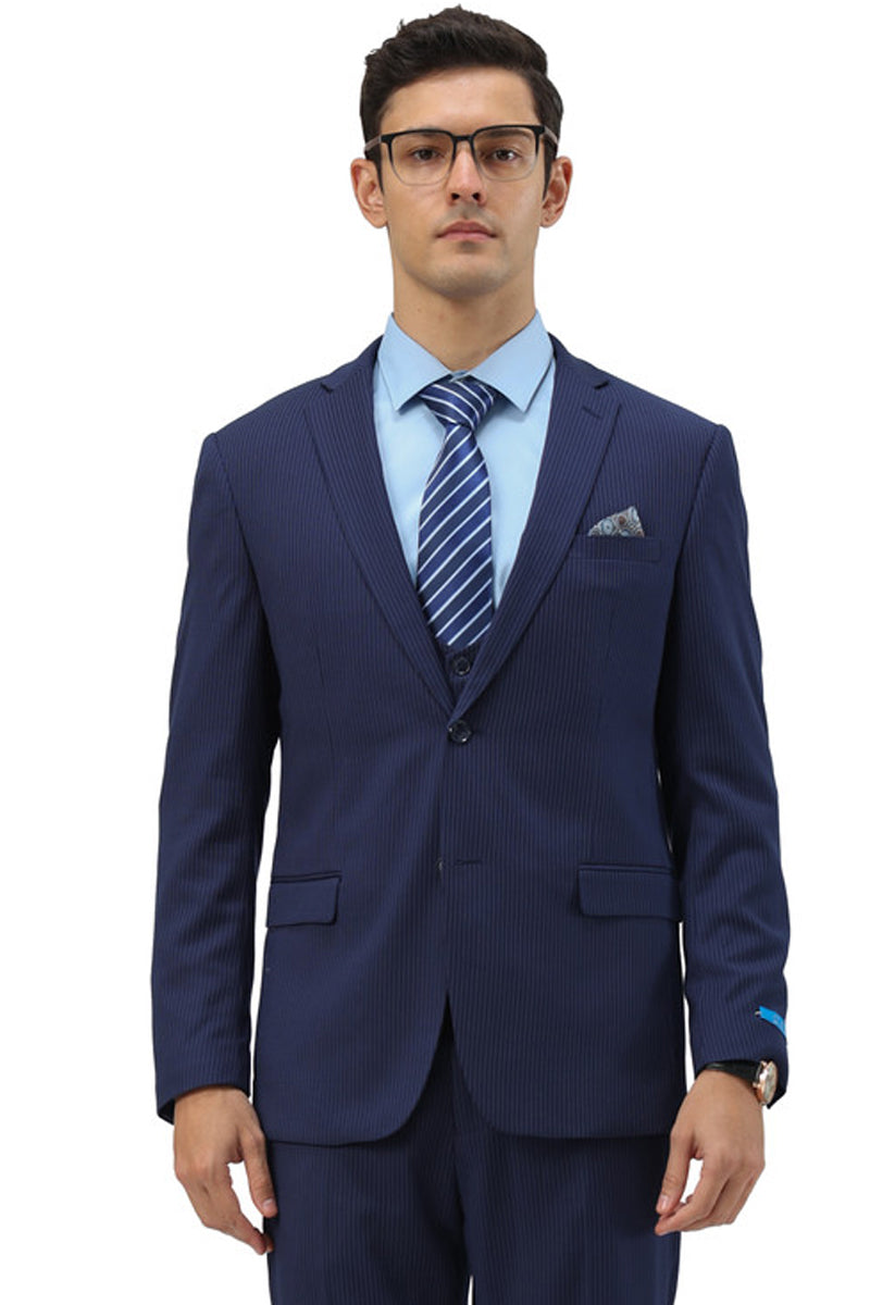 Men’s Two Button Modern Fit Vested Business Suit in Blue Pinstripe
