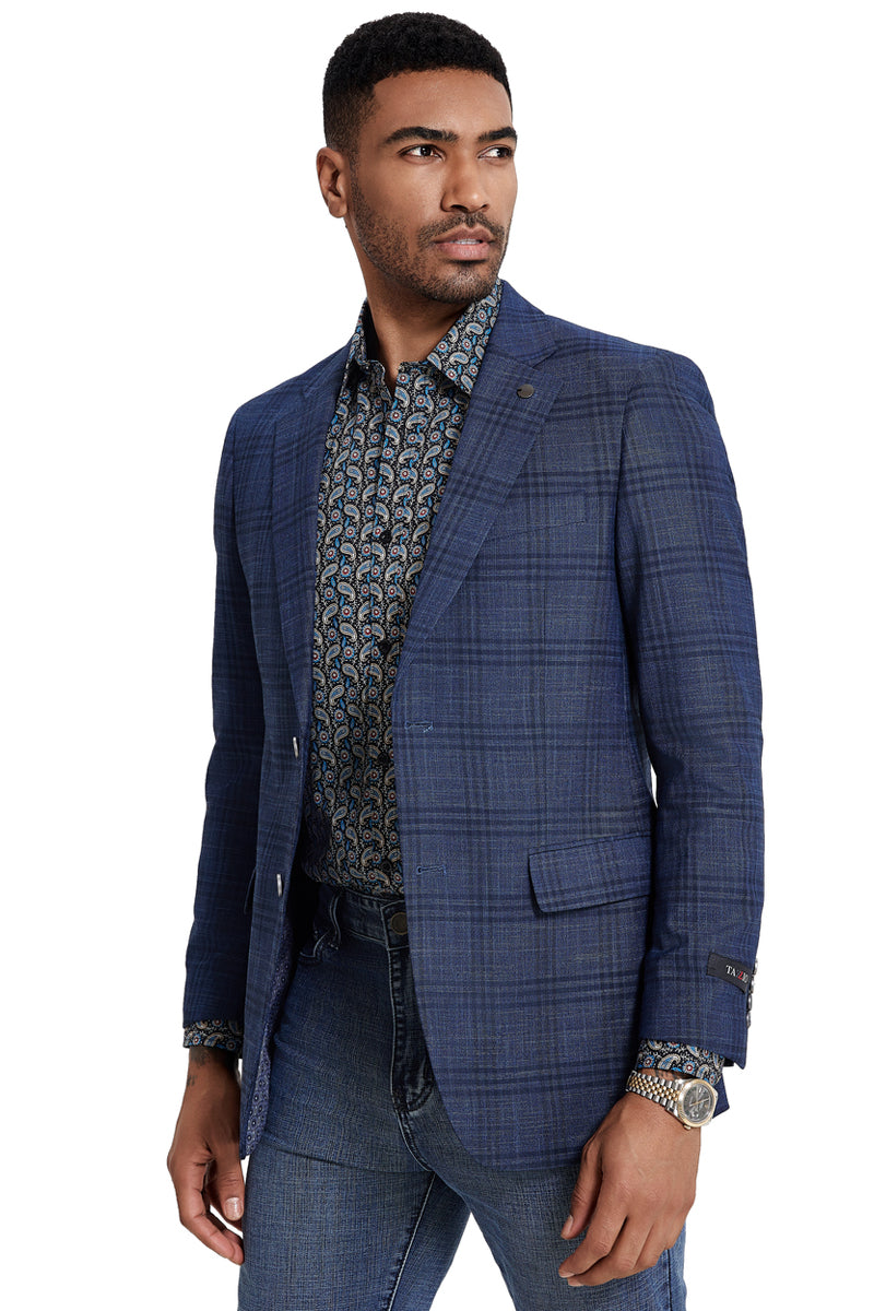 Men’s Two Button Modern Fit Business Sport Coat in Navy Plaid