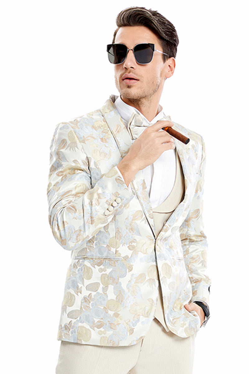 Men’s One Button Vested Water Color Tulip Floral Print Wedding Dinner Jacket Tuxedo Suit in Tan