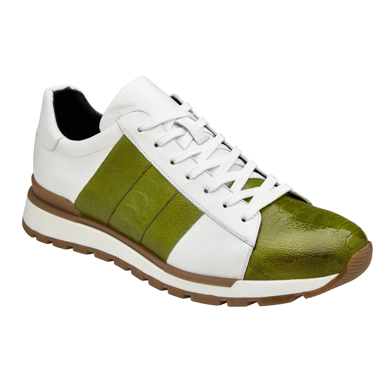 Men’s Belvedere Blake Calf & Ostrich Leg Dress Sneaker in Lime Green & White
