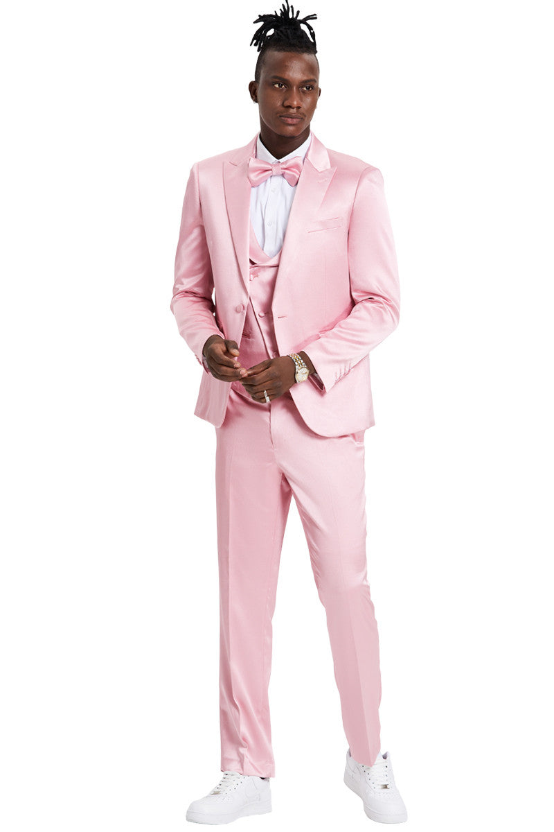 Men’s One Button Vested Shiny Satin Sharkskin Prom & Wedding Party Suit in Dusty Rose