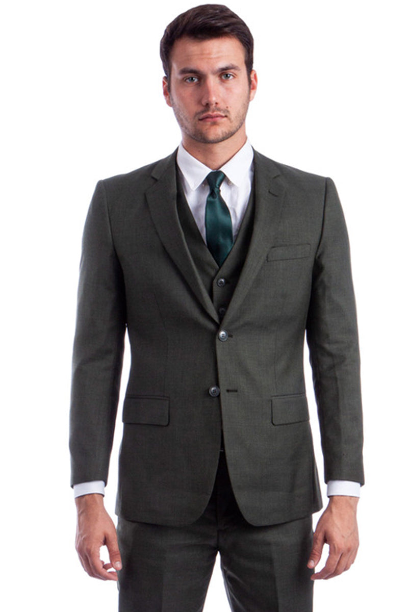 Men’s Two Button Hybrid Fit Vested Sharkskin Wedding & Business Suit in Olive Green
