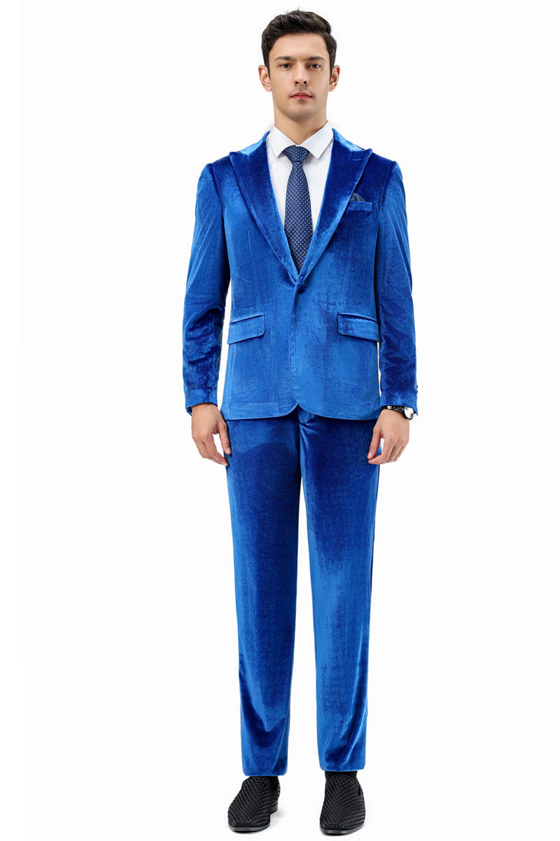 Men’s Slim Fit One Button Velvet Wedding & Prom Suit in Royal Blue
