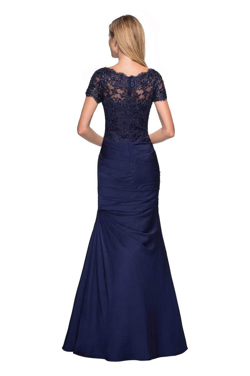 26979 Short Sleeve Lace Bodice Pleated Trumpet Gown