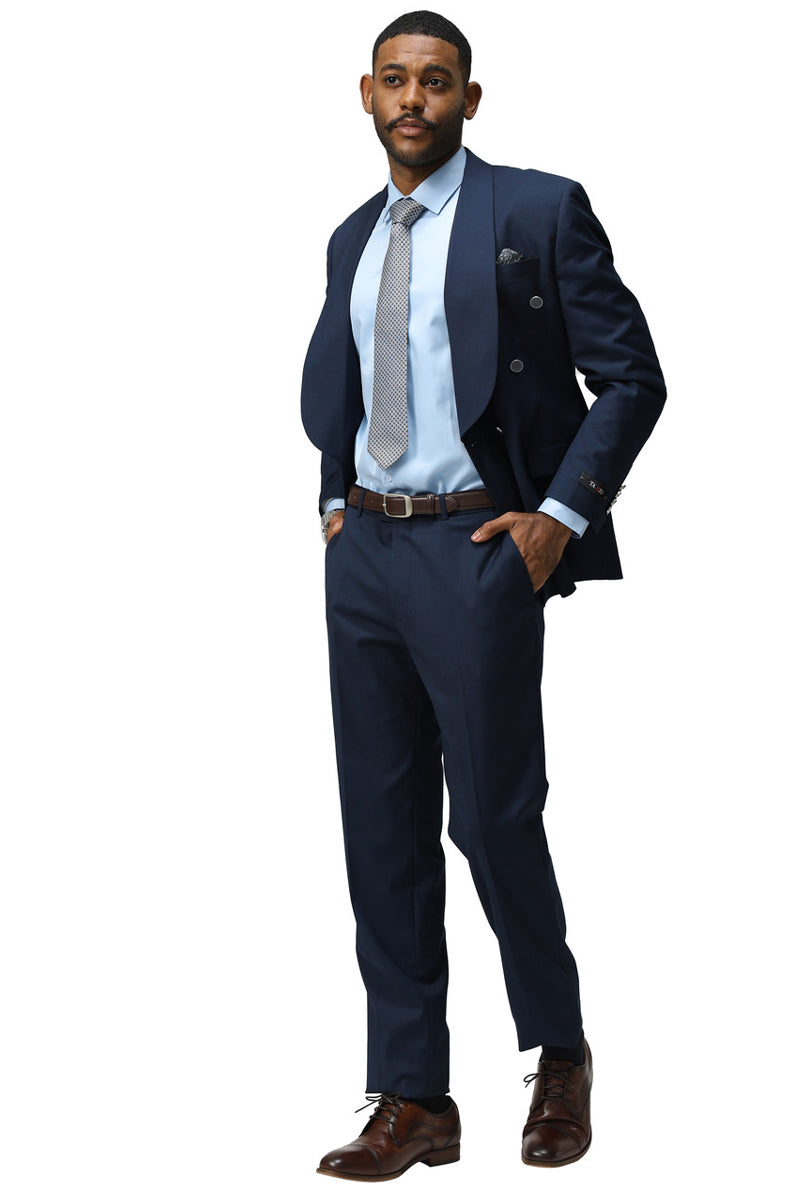 Men’s Modern Fit Double Breasted Shawl Lapel Suit in Navy