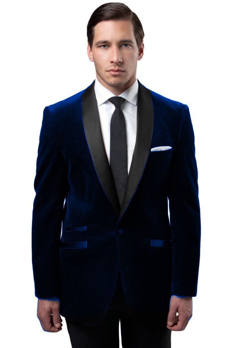 Men’s One Button Velvet Shawl Collar Tuxedo Jacket in Navy Blue