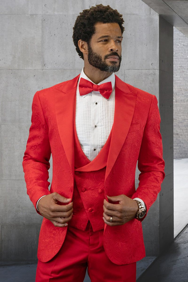 Men’s Designer Vested Tonal Paisley Wedding & Prom Tuxedo in Red
