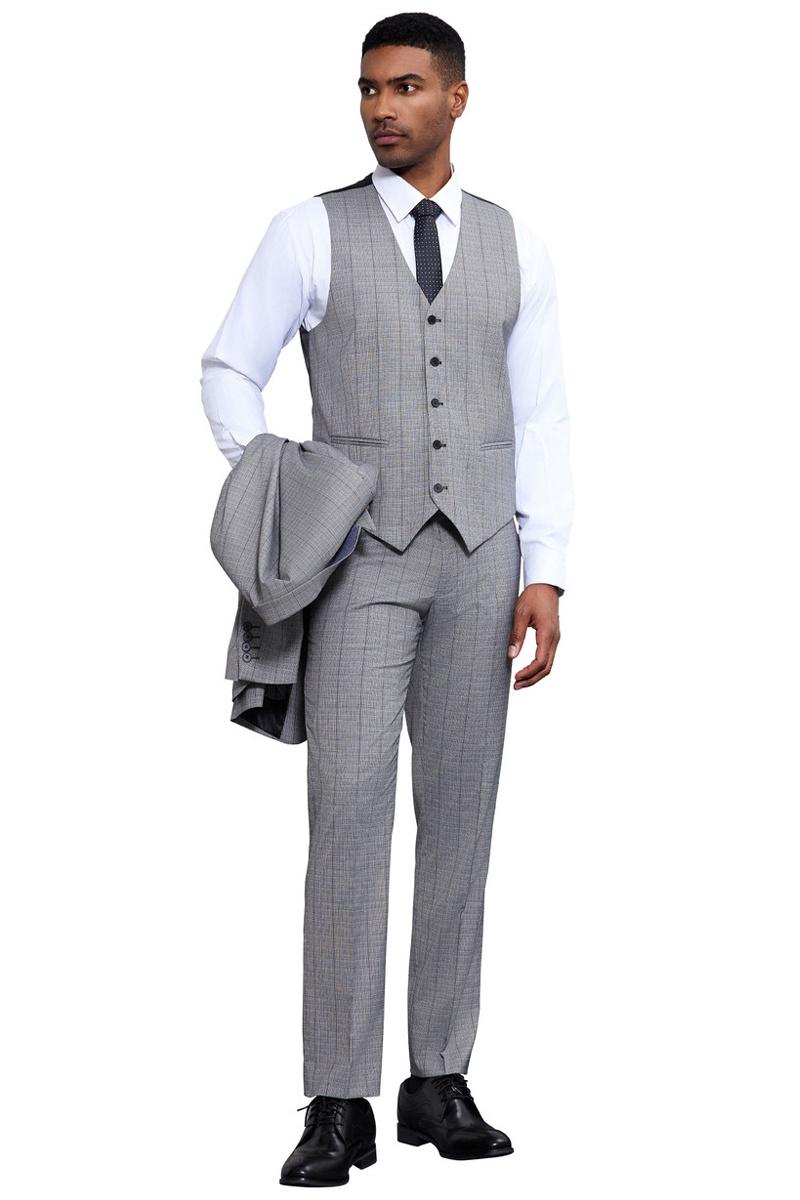 Men’s Stacy Adams Modern Fit Vested Tonal Windowpane Plaid Suit in Light Grey