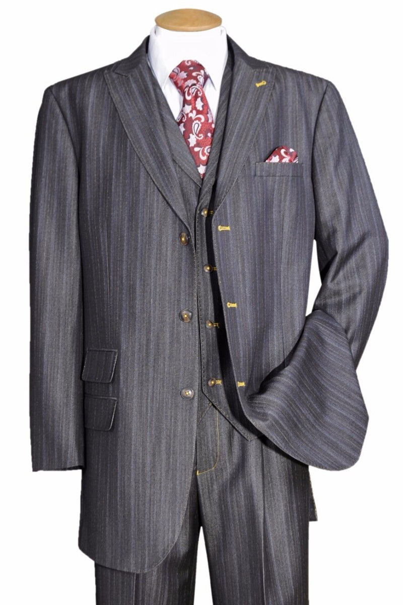 Mens 3 Button Vested Peak Lapel Denim Suit in Black