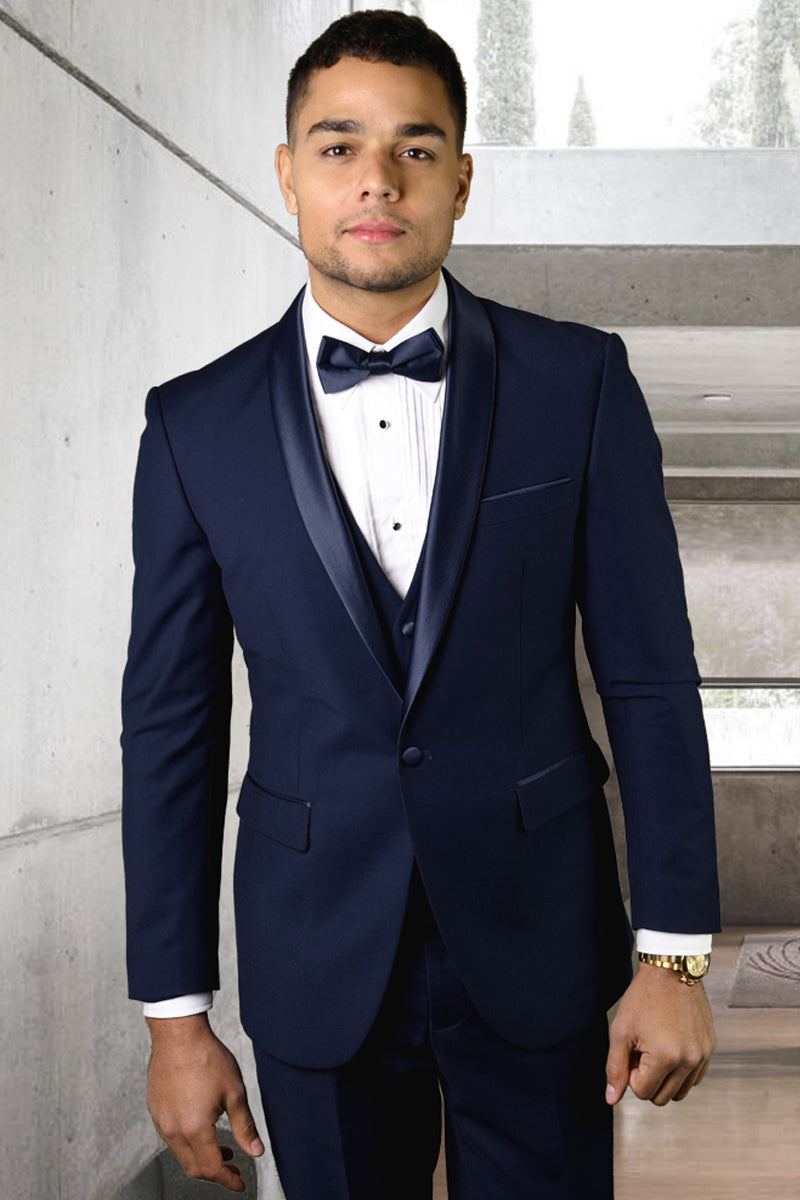 Men’s Designer Wool One Button Shawl Lapel Wedding Tuxedo in Navy Blue