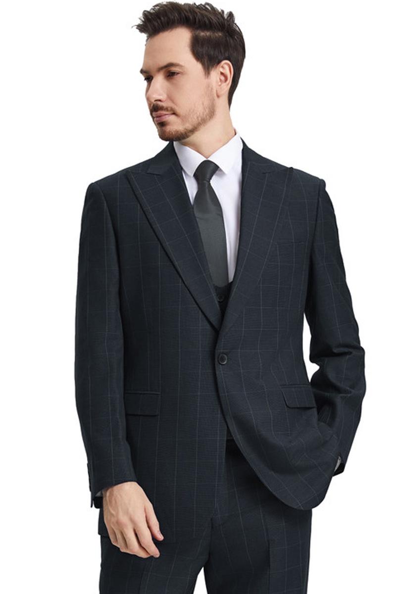 Men’s Stacy Adams Peak Lapel Black Windowpane Plaid Suit with a Scoop Neck Vest