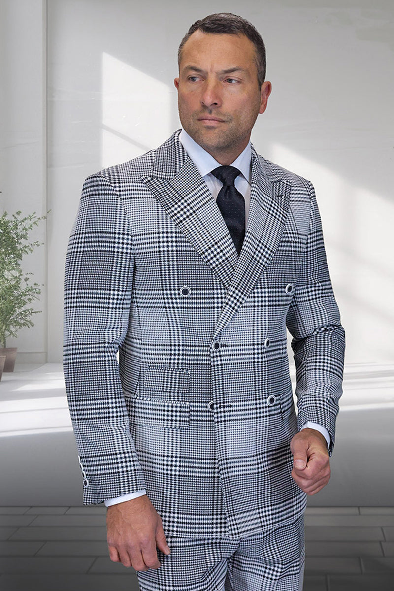 Men’s Designer Wool Double Breasted Suit in Natural Grey Houndstooth Glen Plaid