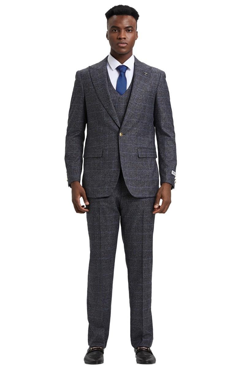 Men’s Stacy Adams Peak Lapel Suit with Double Breasted Vest in Charcoal Grey Windowpane Plaid