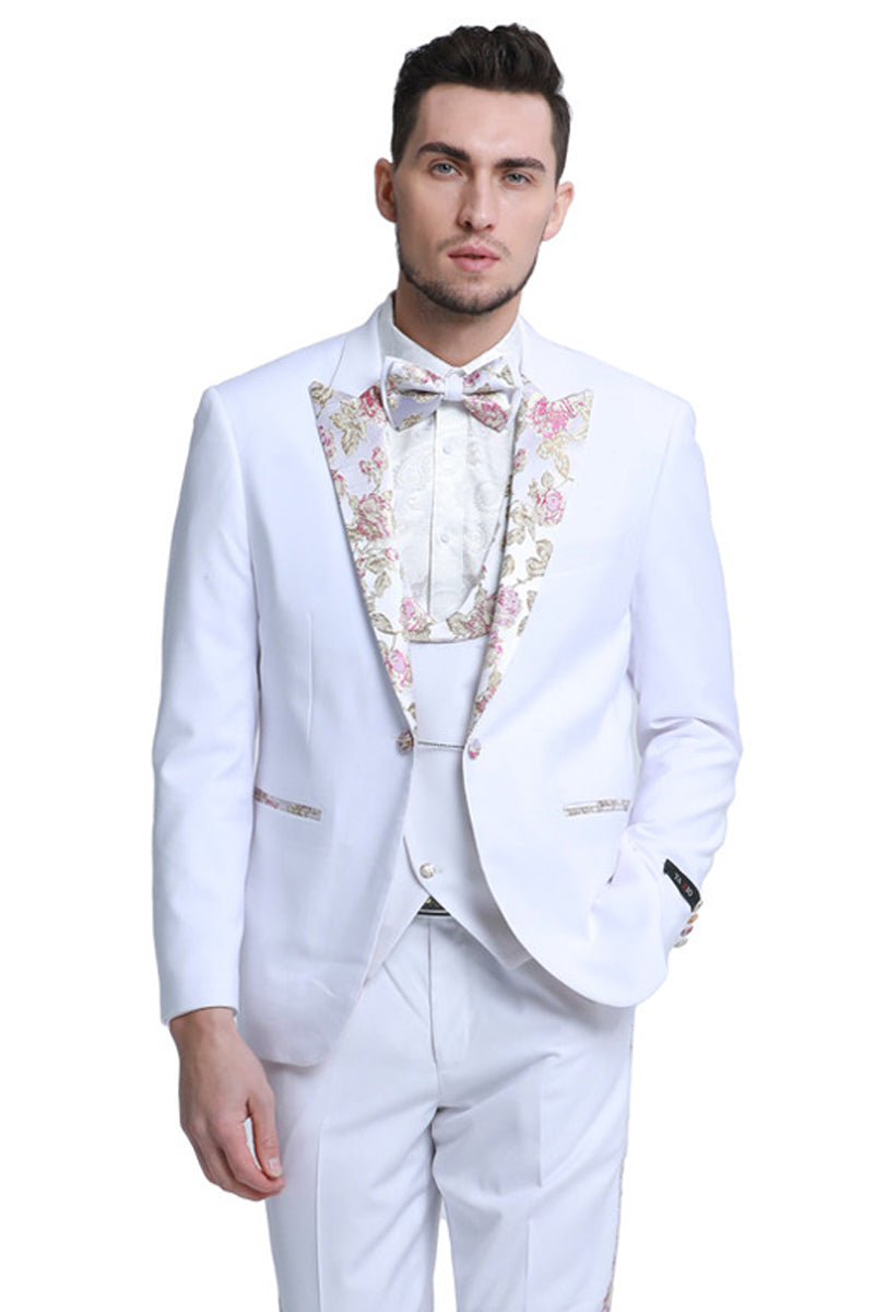 Men’s One Button Vested Prom & Wedding Tuxedo in White with Floral Peak Lapel