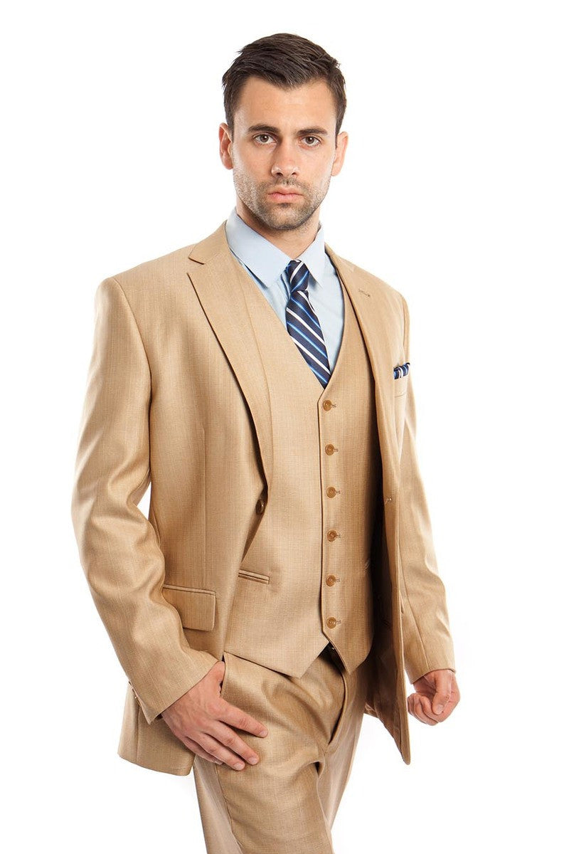 Men’s Two Button Vested Textured Sharkskin Business Suit in Camel Wheat