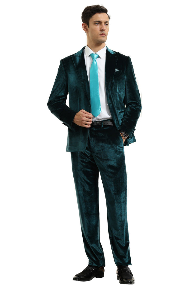Men’s Slim Fit One Button Velvet Wedding & Prom Suit in Teal Greenm