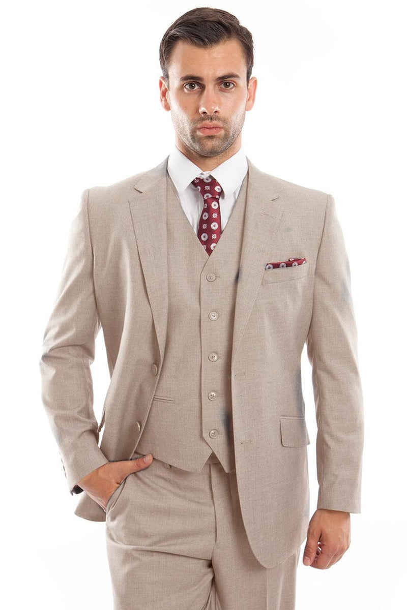 Men’s Designer Two Button Modern Fit Vested Wool Suit in Tan