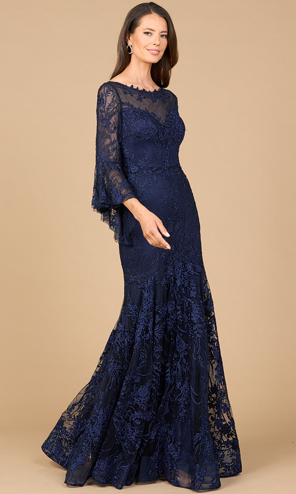 Illusion Bell Sleeve Embroidered Formal Dress