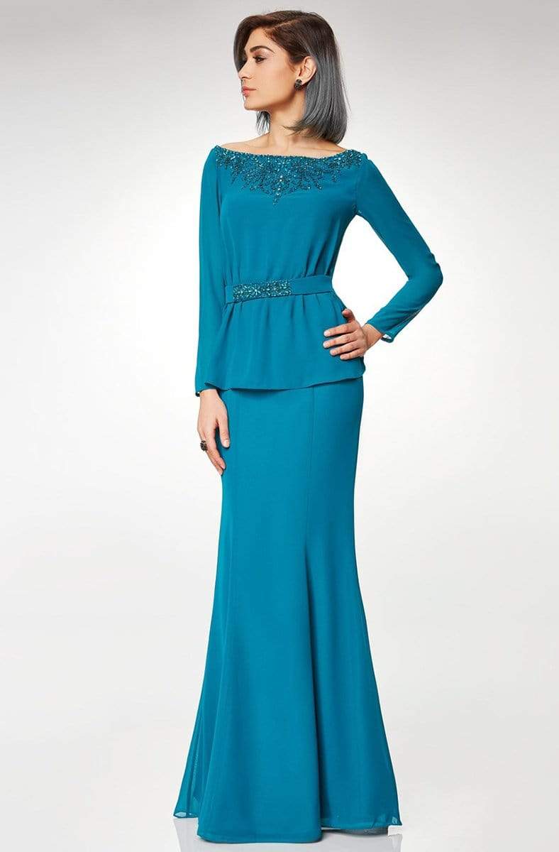 M6538 Beaded Embellished Neckline Long Sleeve Formal Dress