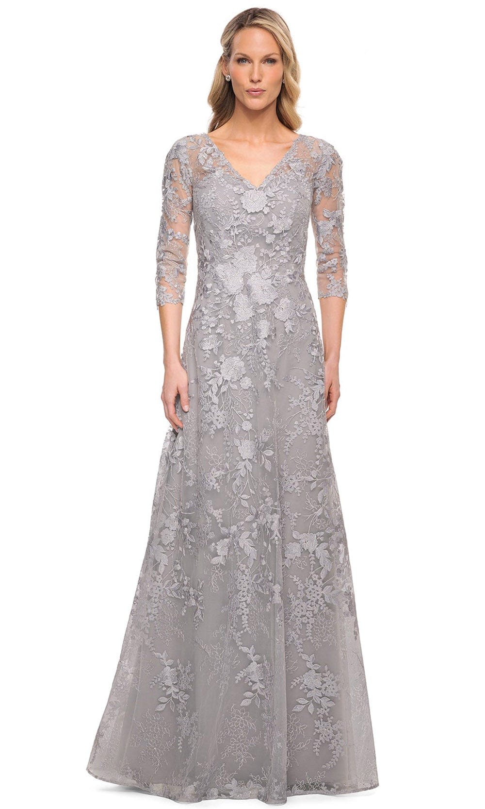 Embroidered Sheer Lace Mother of the Groom V-Neck Gown
