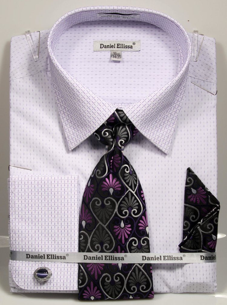 Men’s French Cuff Mini Plus Patter Spread Collar Regular Fit Dress Shirt & Tie Set in White & Purple