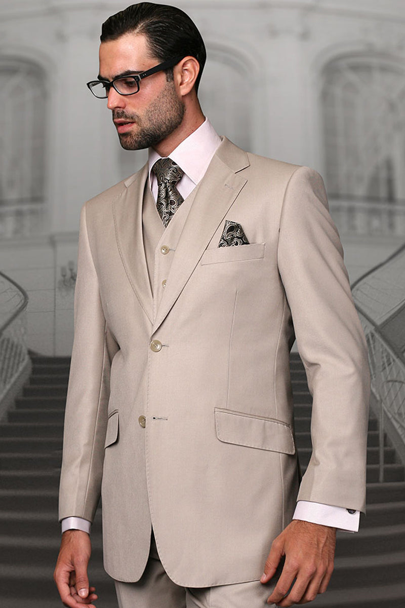 Men’s Modern Fit Designer Vested Extra Long Wool Suit in Tan