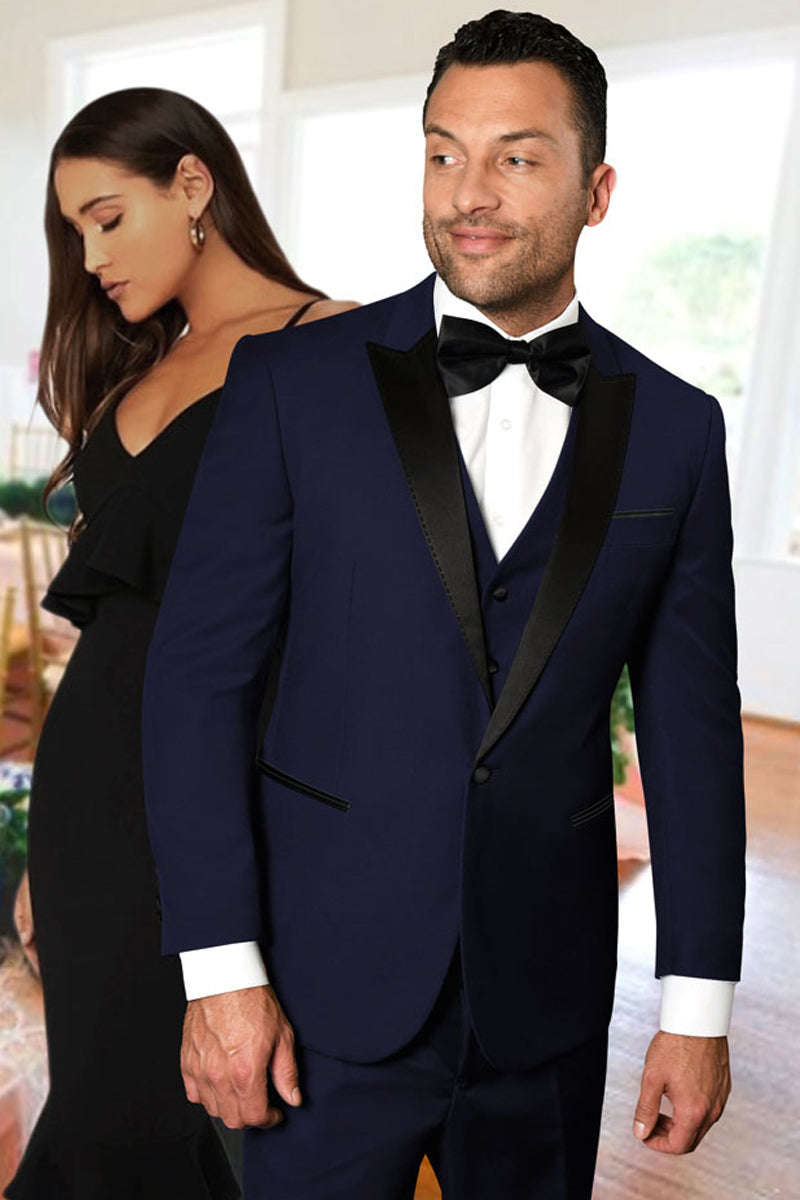 Men’s Vested One Button Peak Lapel Designer Wedding Tuxedo in Navy