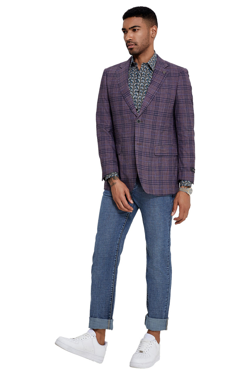 Men’s Two Button Modern Fit Business Sport Coat in Grey Plaid