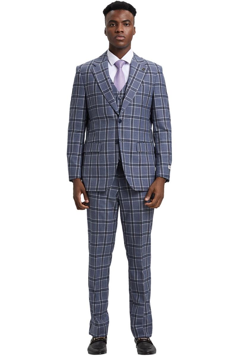 Men’s Stacy Adams Two Button Vested Glen Plaid Check Suit in Grey