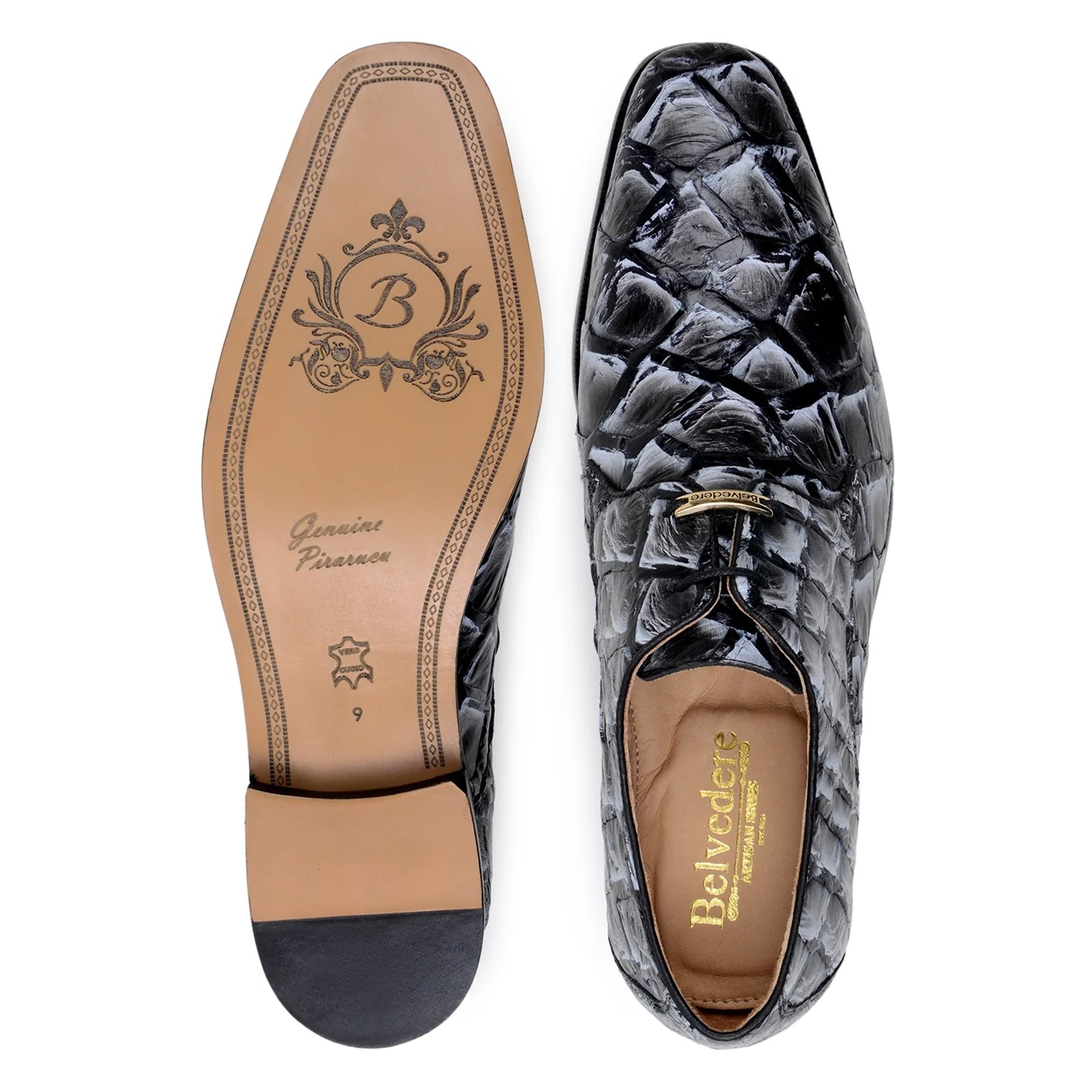 Men’s Belvedere Renzo Genuine Pirarucu Lace Up Derby Dress Shoe in Ivory & Black